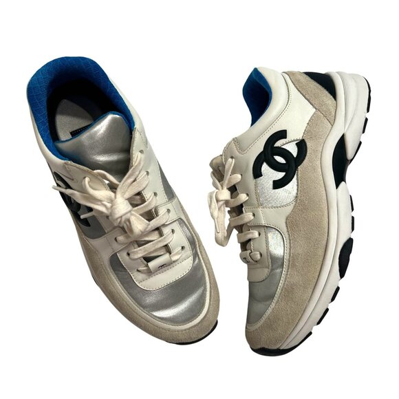 Chanel Suede Sneakers in Cream and Silver - Picture 1 of 9